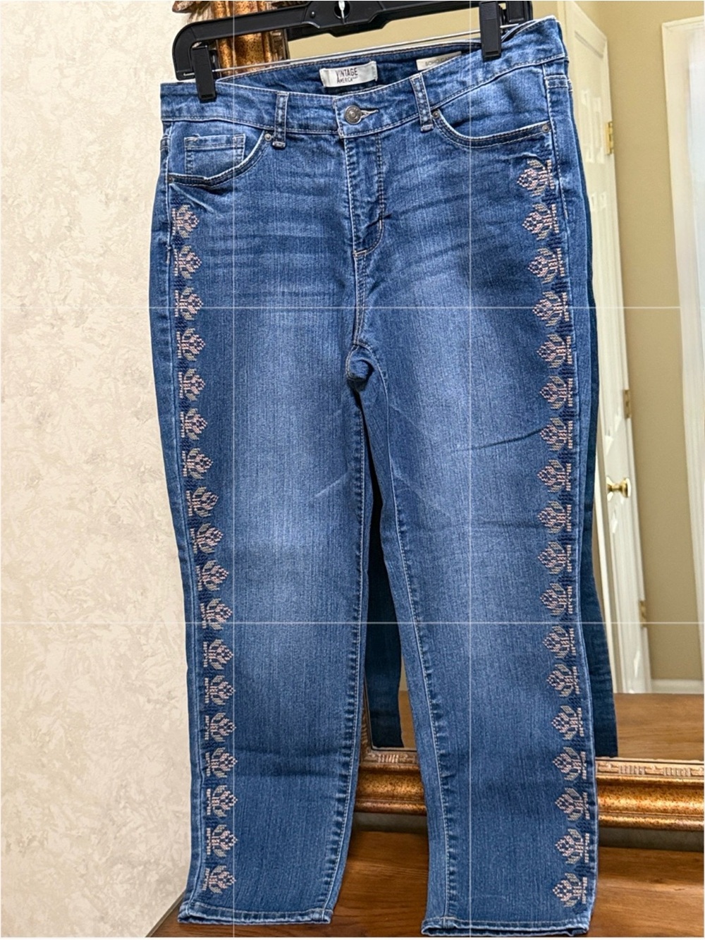 Vintage America Blue Jeans with Pink Embroidered Side Trim. Size 10.